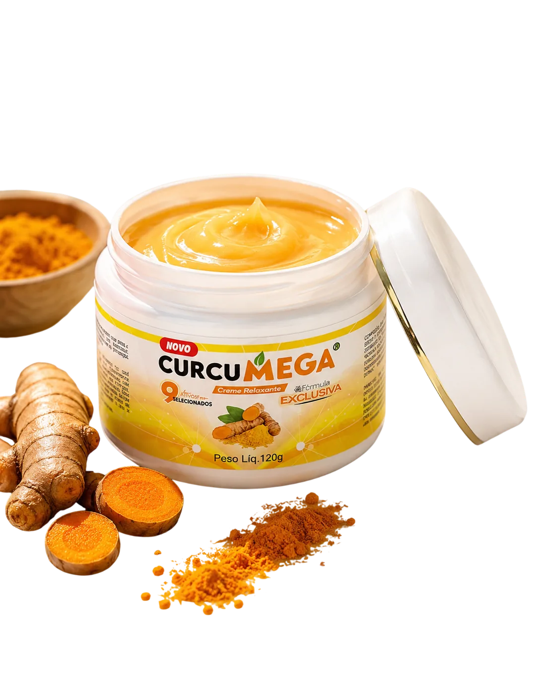 Pote aberto do creme Curcumega com cúrcuma ao redor